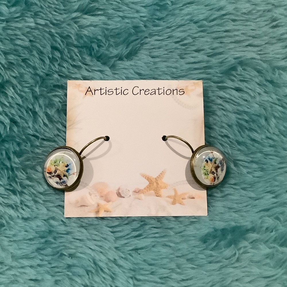 Artistic Creations Beach Starfish Glass Cabashon Earrings NWT .50”